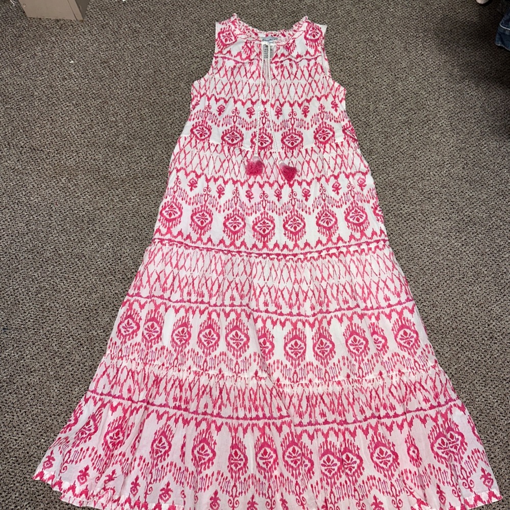 Tommy Bahama Pink White Ikat Cotton Tiered Maxi Dress Sleeveless Tassel Small